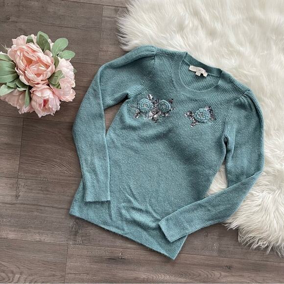 LOFT Tiffany Winter Blue Floral Embroidered Sequin Sweater XS - Picture 2 of 6